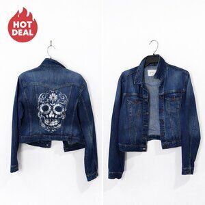 Jessica Simpson Denim Jacket Skull Embroidered Back Size Large